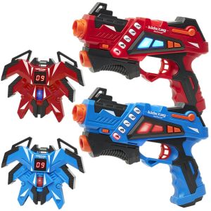 2 KidsTag Recharge P1 laserguns + 2 display vesten rood/blauw