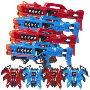 4 KidsTag Recharge lasergeweren + 4 Display vesten - rood/blauw