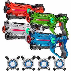 4 Laser Tag Pistole (grün, orange, blau, weiß) + 4 Westen
