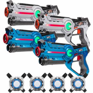 4 Laser Tag Pistolen (blau, weiß) + 4 Westen