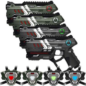 4 Connect Anti-Cheat Laser-Tag Pistolen (Metallic Grün, Grau) + 4 Connect Westen