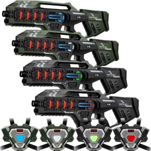 4 Connect Laser-Tag Gewehre (Metallic Grün, Grau) +  4 Connect Westen